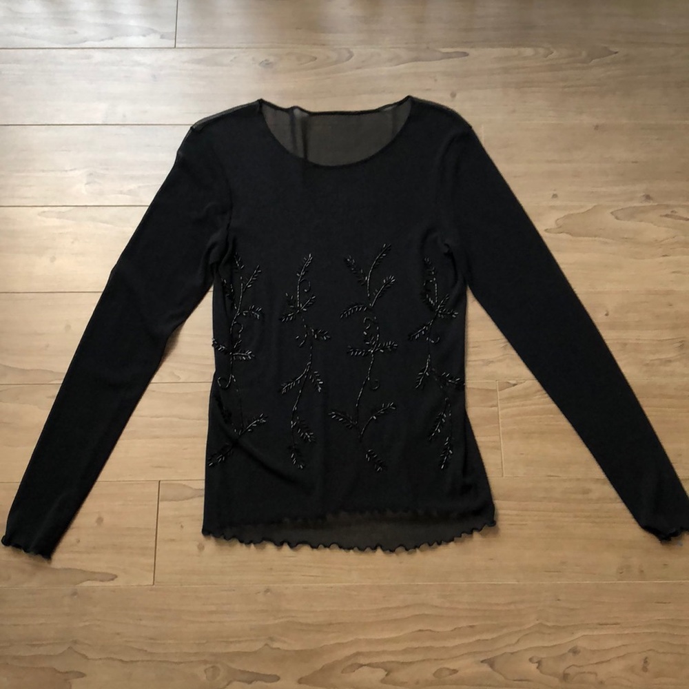 INC Sheer Beaded Long Sleeve Top